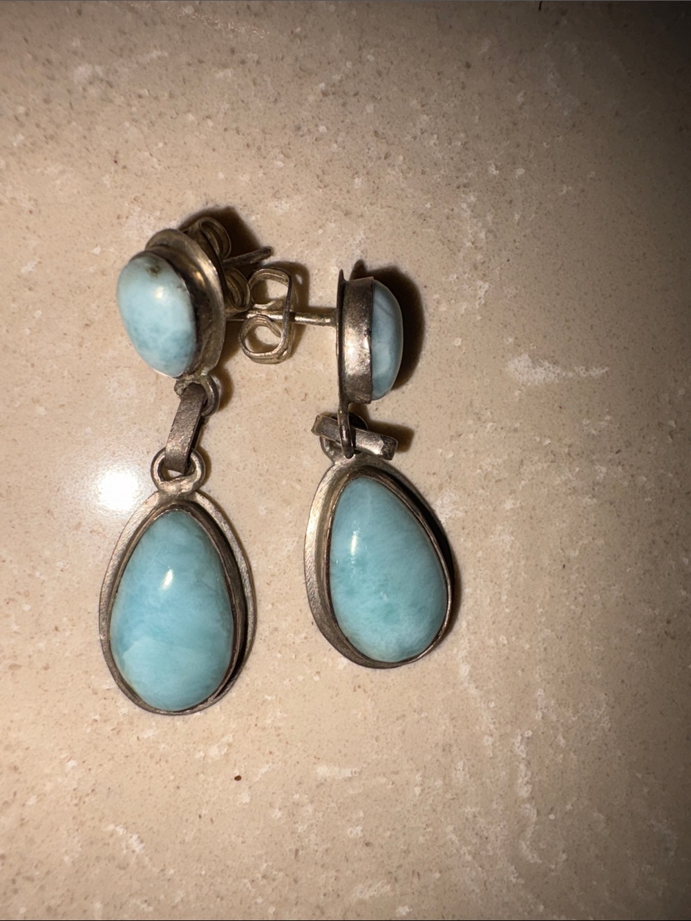 Blue turquoise color Teardrop Dangle Earrings - Silver Tone